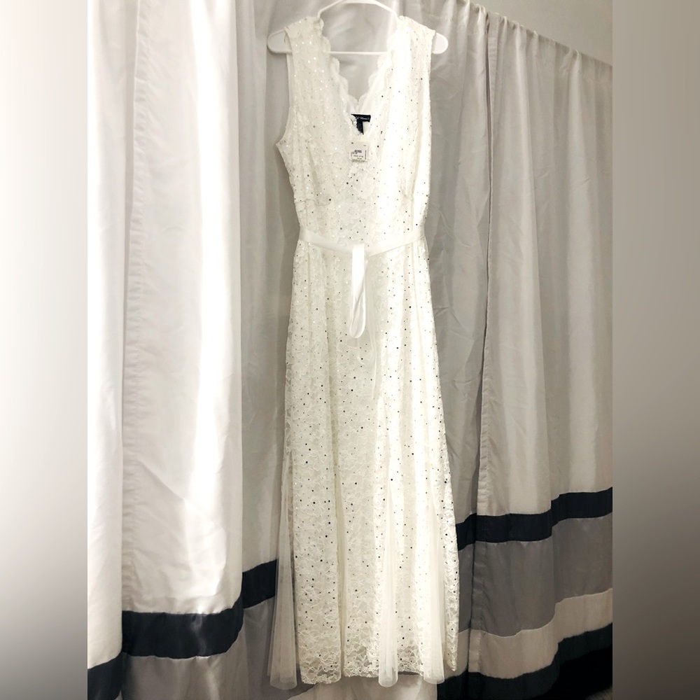 Ivory White Lace Patterned+Mesh Sparkle Sleeveless Dress